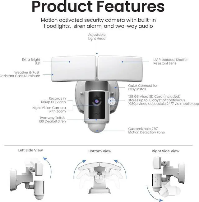 Alt view image 7 of 7 - Electric SEC3000/CAM/WIFI Outdoor LED Smart Security Camera with Motion Sensor, 2-Way Audio, 39-Watt Floodlight, Works with Alexa and Google Asst, Alarm, Hardwired, 128 GB Micro SD Card Storage