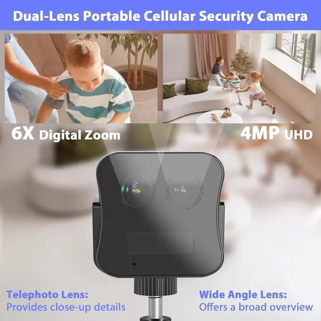 Alt view image 2 of 7 - Dual Lens 4G LTE Cellular Security Camera,Wireless Camera No Internet Needed,2K Portable Camera Security Indoor,6X Hybrid Digital Zoom,15 Day Standby,No WiFi,Smart AI Detection,Night Vision