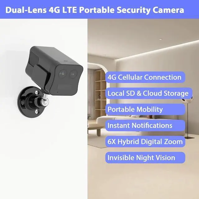 Alt view image 3 of 7 - Dual Lens 4G LTE Cellular Security Camera,Wireless Camera No Internet Needed,2K Portable Camera Security Indoor,6X Hybrid Digital Zoom,15 Day Standby,No WiFi,Smart AI Detection,Night Vision