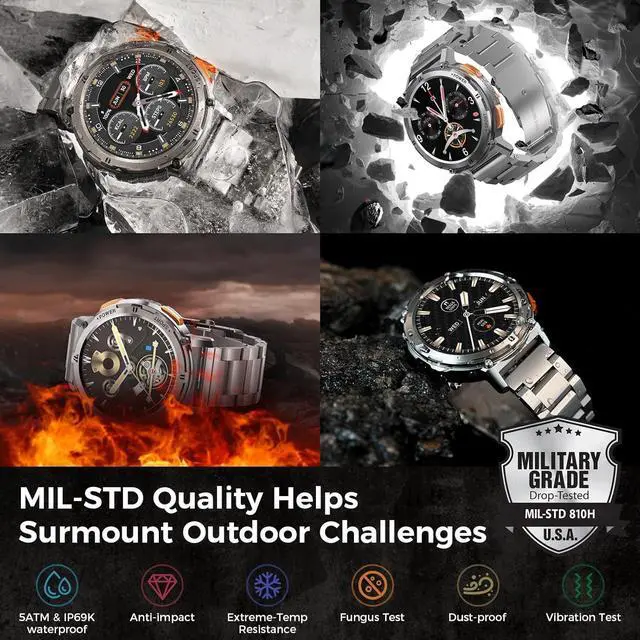 Alt view image 2 of 7 - Smart Watch for Men, 60 Days Extra-Long Battery, 50M Waterproof, AI Assistant 1.43 AMOLED Always-On Display Rugged Military Smartwatch Answer/Make Call for Android iPhone, Silver(2 Straps)