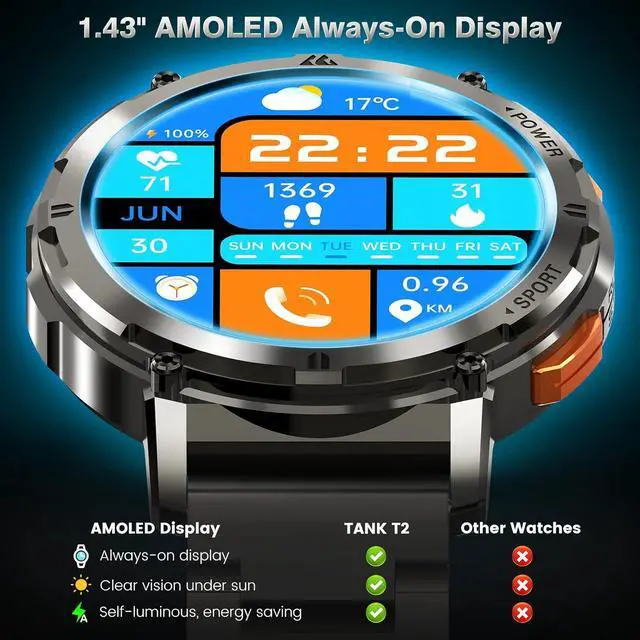Alt view image 3 of 7 - Smart Watch for Men, 60 Days Extra-Long Battery, 50M Waterproof, AI Assistant 1.43 AMOLED Always-On Display Rugged Military Smartwatch Answer/Make Call for Android iPhone, Silver(2 Straps)