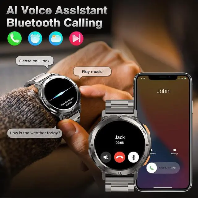 Alt view image 4 of 7 - Smart Watch for Men, 60 Days Extra-Long Battery, 50M Waterproof, AI Assistant 1.43 AMOLED Always-On Display Rugged Military Smartwatch Answer/Make Call for Android iPhone, Silver(2 Straps)
