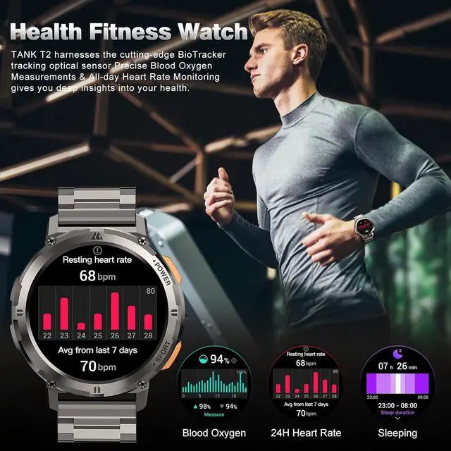 Alt view image 5 of 7 - Smart Watch for Men, 60 Days Extra-Long Battery, 50M Waterproof, AI Assistant 1.43 AMOLED Always-On Display Rugged Military Smartwatch Answer/Make Call for Android iPhone, Silver(2 Straps)