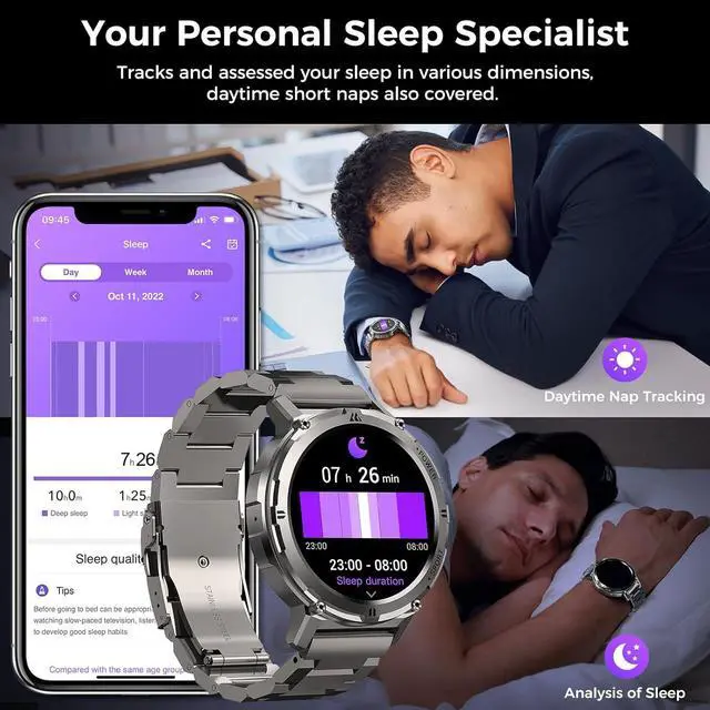 Alt view image 6 of 7 - Smart Watch for Men, 60 Days Extra-Long Battery, 50M Waterproof, AI Assistant 1.43 AMOLED Always-On Display Rugged Military Smartwatch Answer/Make Call for Android iPhone, Silver(2 Straps)