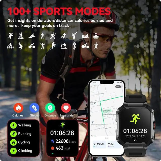 Alt view image 2 of 7 - 400mAh Military Smartwatch IP68 Waterproof Outdoor Fitness Watch with Heart Rate Blood Oxygen Sleep Monitor Compatible with iPhone and Android Phones