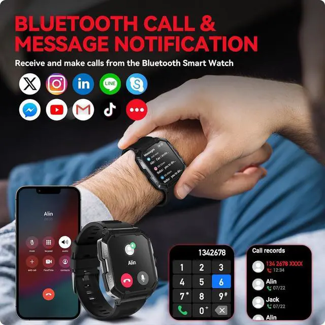 Alt view image 3 of 7 - 400mAh Military Smartwatch IP68 Waterproof Outdoor Fitness Watch with Heart Rate Blood Oxygen Sleep Monitor Compatible with iPhone and Android Phones