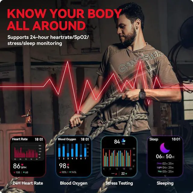 Alt view image 4 of 7 - 400mAh Military Smartwatch IP68 Waterproof Outdoor Fitness Watch with Heart Rate Blood Oxygen Sleep Monitor Compatible with iPhone and Android Phones