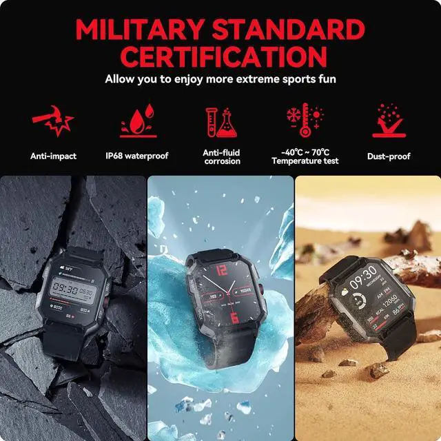 Alt view image 5 of 7 - 400mAh Military Smartwatch IP68 Waterproof Outdoor Fitness Watch with Heart Rate Blood Oxygen Sleep Monitor Compatible with iPhone and Android Phones