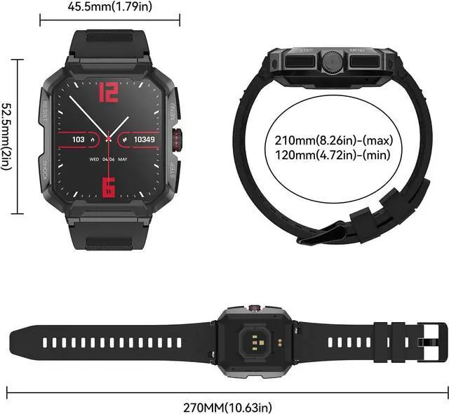 Alt view image 7 of 7 - 400mAh Military Smartwatch IP68 Waterproof Outdoor Fitness Watch with Heart Rate Blood Oxygen Sleep Monitor Compatible with iPhone and Android Phones