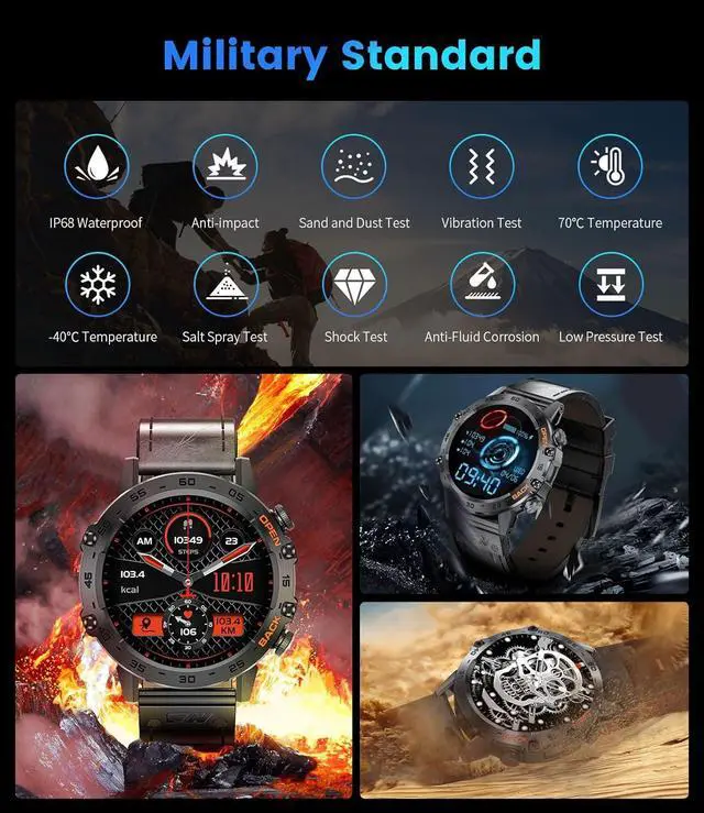 Alt view image 3 of 7 - Militray Smart Watch for Men, 1.39" Touchcreen Smartwatch Answer/Make Calls with 100 Sports Modes, IP68 Waterproof, 400mAh Battery Heart Rate/SpO2/Blood Pressure for Android iOS