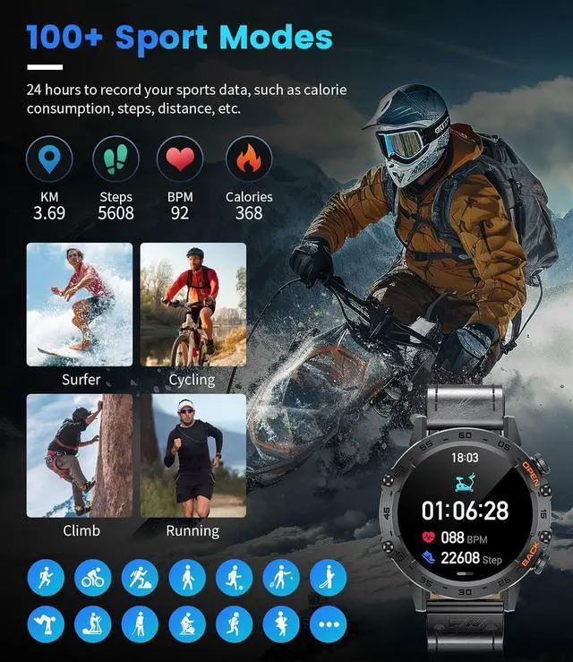 Alt view image 4 of 7 - Militray Smart Watch for Men, 1.39" Touchcreen Smartwatch Answer/Make Calls with 100 Sports Modes, IP68 Waterproof, 400mAh Battery Heart Rate/SpO2/Blood Pressure for Android iOS