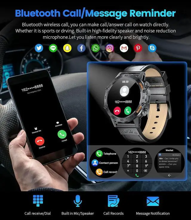 Alt view image 6 of 7 - Militray Smart Watch for Men, 1.39" Touchcreen Smartwatch Answer/Make Calls with 100 Sports Modes, IP68 Waterproof, 400mAh Battery Heart Rate/SpO2/Blood Pressure for Android iOS