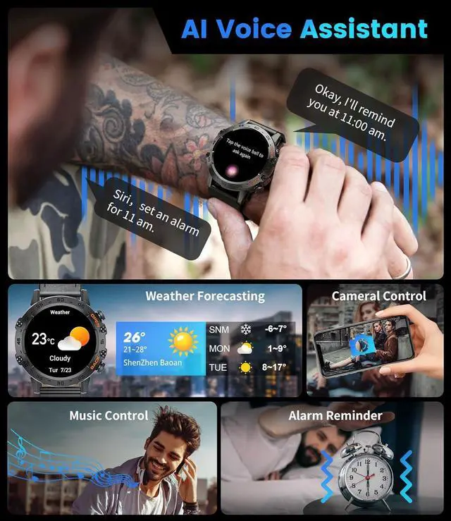 Alt view image 7 of 7 - Militray Smart Watch for Men, 1.39" Touchcreen Smartwatch Answer/Make Calls with 100 Sports Modes, IP68 Waterproof, 400mAh Battery Heart Rate/SpO2/Blood Pressure for Android iOS