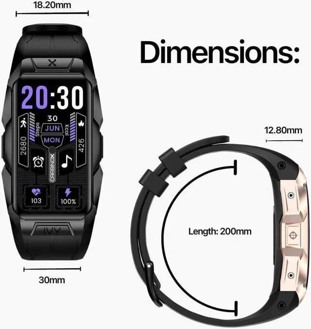 Alt view image 6 of 7 - Ivy Smart Watch Rugged Fitness Tracker IP69K Waterproof Compatible with Android and iOS Phone Heart Rate Sport Modes (Black)