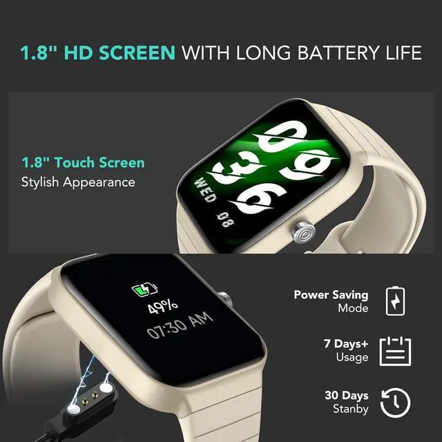 Alt view image 7 of 7 - Smart Watch for Women Men (Answer/Make Call), Alexa Built-in, Extra Black Band, IP68 Smartwatch for Android iPhone, 100+ Sport 1.8" Fitness Tracker with Heart Rate SpO2 Monitor, V7 Cyber Beige