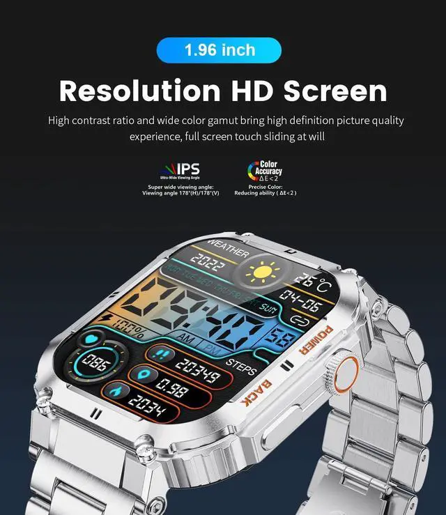 Alt view image 2 of 7 - Military Smart Watches for Men, 1.96'' HD Fitness Watch with Heart Rate/Blood Oxygen Monitor, AI Voice, IP67 Waterproof 400mAh Battery Rugged Outdoor Smartwatch for Android iOS