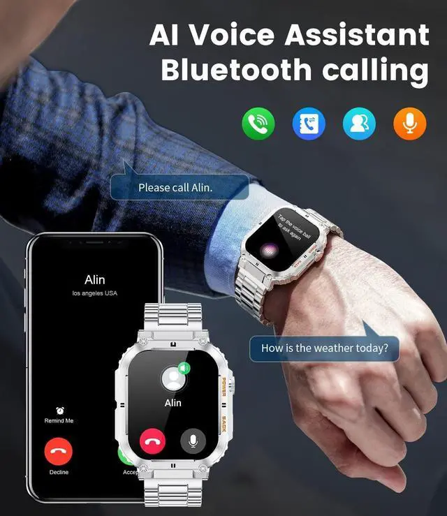 Alt view image 3 of 7 - Military Smart Watches for Men, 1.96'' HD Fitness Watch with Heart Rate/Blood Oxygen Monitor, AI Voice, IP67 Waterproof 400mAh Battery Rugged Outdoor Smartwatch for Android iOS