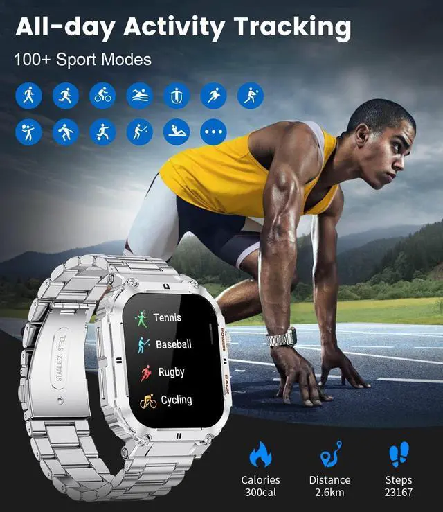 Alt view image 5 of 7 - Military Smart Watches for Men, 1.96'' HD Fitness Watch with Heart Rate/Blood Oxygen Monitor, AI Voice, IP67 Waterproof 400mAh Battery Rugged Outdoor Smartwatch for Android iOS