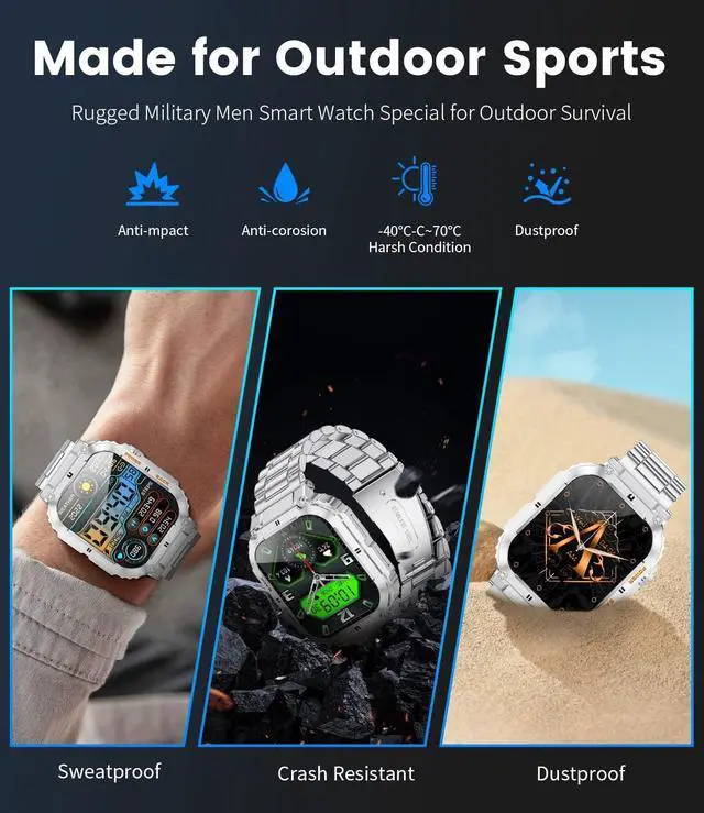 Alt view image 7 of 7 - Military Smart Watches for Men, 1.96'' HD Fitness Watch with Heart Rate/Blood Oxygen Monitor, AI Voice, IP67 Waterproof 400mAh Battery Rugged Outdoor Smartwatch for Android iOS