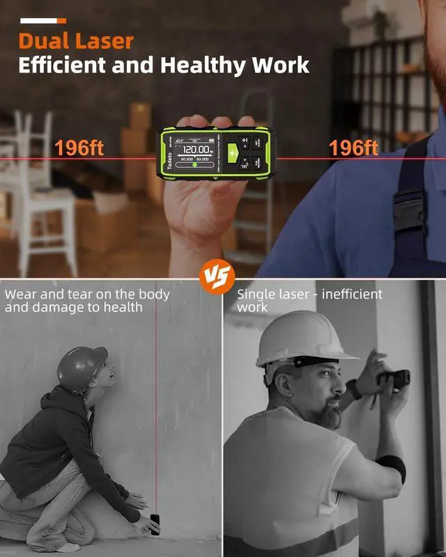 Alt view image 2 of 7 - Dual Laser Measuring Tool, 393FT/120M Bilateral Laser Measurement Tool Backlit LCD Display, Rechargeable Laser Measure with Ft/In/M Multiple Units Length/Area/Volume/Angle Digital Laser Measure