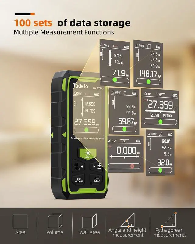 Alt view image 4 of 7 - Dual Laser Measuring Tool, 393FT/120M Bilateral Laser Measurement Tool Backlit LCD Display, Rechargeable Laser Measure with Ft/In/M Multiple Units Length/Area/Volume/Angle Digital Laser Measure