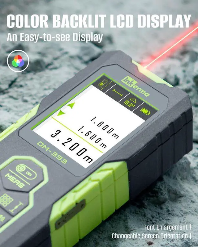 Alt view image 3 of 7 - Laser Measurement Tool, Inkerma Bilateral Laser Distance Meter, Rechargeable Laser Measure with Color Backlit LCD Display, Angle Sensor, Pythagorean Mode, Area and Volume