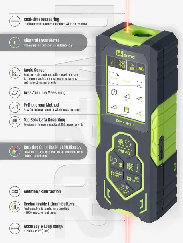 Alt view image 5 of 7 - Laser Measurement Tool, Inkerma Bilateral Laser Distance Meter, Rechargeable Laser Measure with Color Backlit LCD Display, Angle Sensor, Pythagorean Mode, Area and Volume