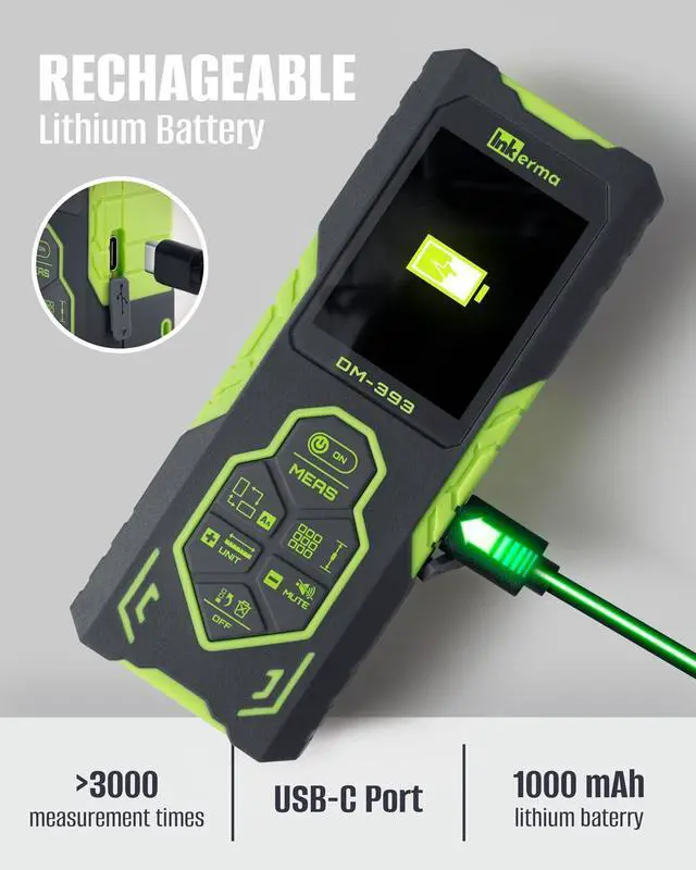 Alt view image 6 of 7 - Laser Measurement Tool, Inkerma Bilateral Laser Distance Meter, Rechargeable Laser Measure with Color Backlit LCD Display, Angle Sensor, Pythagorean Mode, Area and Volume