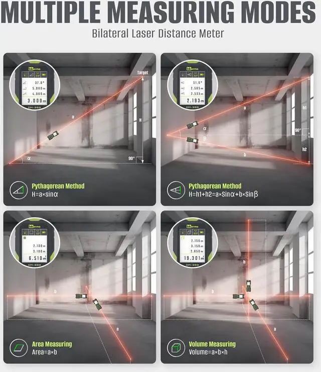 Alt view image 7 of 7 - Laser Measurement Tool, Inkerma Bilateral Laser Distance Meter, Rechargeable Laser Measure with Color Backlit LCD Display, Angle Sensor, Pythagorean Mode, Area and Volume