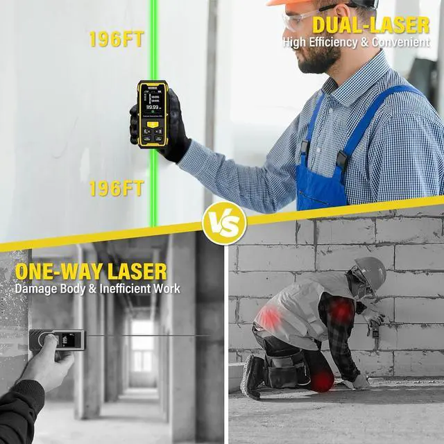 Alt view image 2 of 7 - Dual Laser Measuring Tool, 393FT/120M Green Bilateral Laser Distance Meter 6 Unit Switching, Rechargeable Digital Laser Measure with Backlit LCD Display, Angle Sensor, Multiple Measure Mode