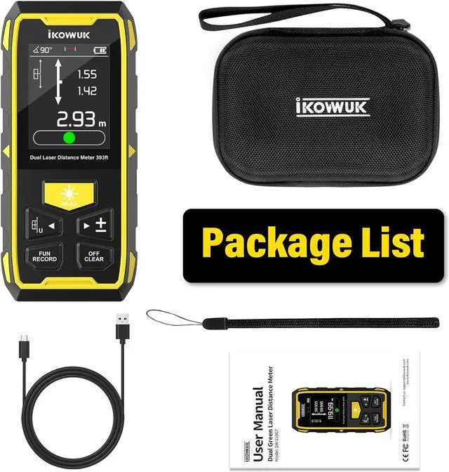 Alt view image 7 of 7 - Dual Laser Measuring Tool, 393FT/120M Green Bilateral Laser Distance Meter 6 Unit Switching, Rechargeable Digital Laser Measure with Backlit LCD Display, Angle Sensor, Multiple Measure Mode