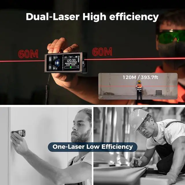 Alt view image 2 of 7 - Dual Laser Measuring Tool, 393ft/120M Bilateral Laser Measurement Tool, Rechargeable Laser Measure with M/in/Ft 6 Units, Backlit LCD Display, Angle Sensor, Pythagorean Mode, Area and Volume