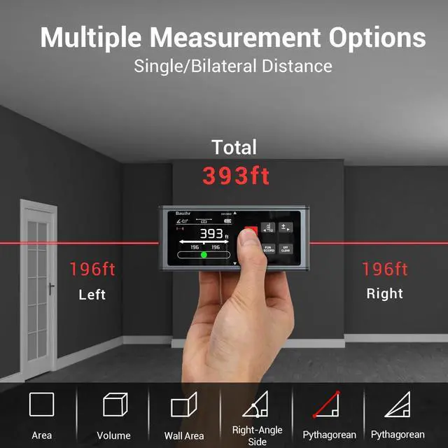 Alt view image 2 of 7 - Laser Measurement Tool, Bauihr 393ft/120M Rechargeable Aluminum Dual Laser Distance Meter, Laser Measure with Color Backlit LCD Display, Digital Angle, M/in/Ft Unit Switching