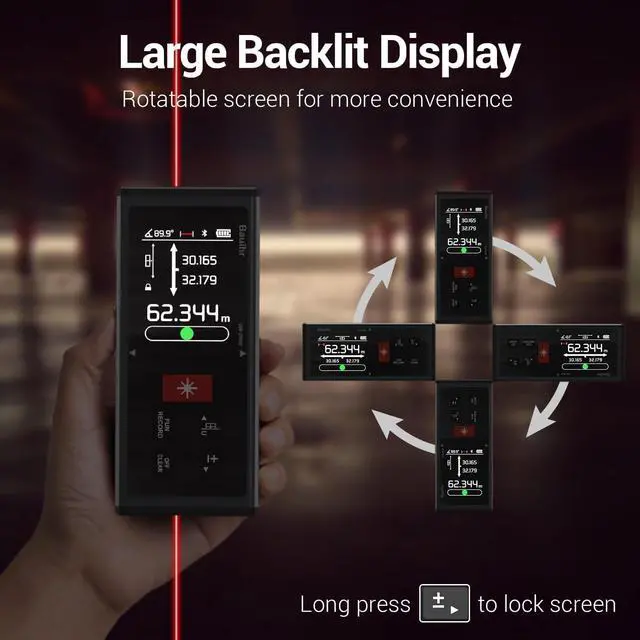 Alt view image 3 of 7 - Laser Measurement Tool, Bauihr 393ft/120M Rechargeable Aluminum Dual Laser Distance Meter, Laser Measure with Color Backlit LCD Display, Digital Angle, M/in/Ft Unit Switching