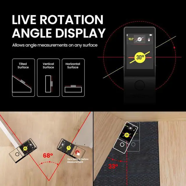 Alt view image 4 of 7 - Laser Measuring Tool with Visual Aligning Indicator,  330Ft Professional Measurement IPS Touchscreen,P2P, Live Angle Display, APP Sync Tape Measure Black -