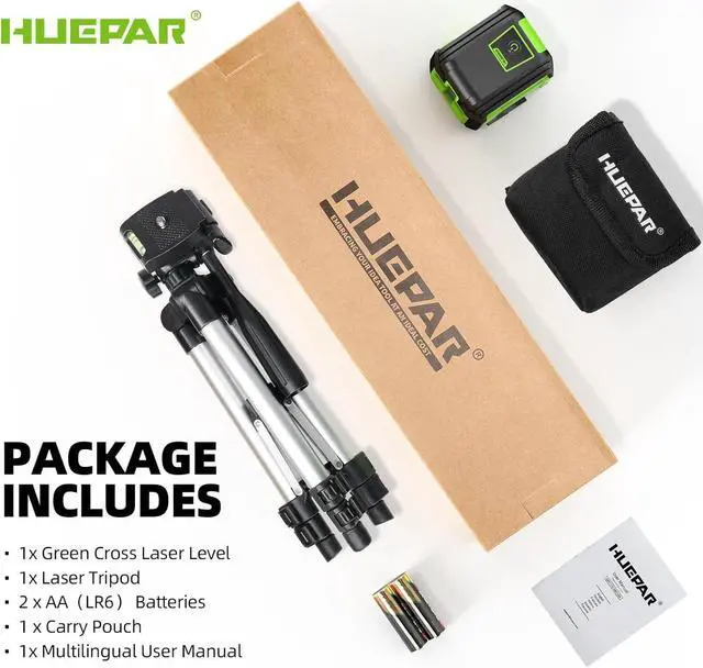 Alt view image 7 of 7 - 360° Laser Level with Tripod, Huepar 98Ft Self Leveling Laser Level Accurate Green Cross Line Laser Leveler Tool for Picture Hanging, Tile, Construction Indoor Project, Battery&Carrying Bag Included