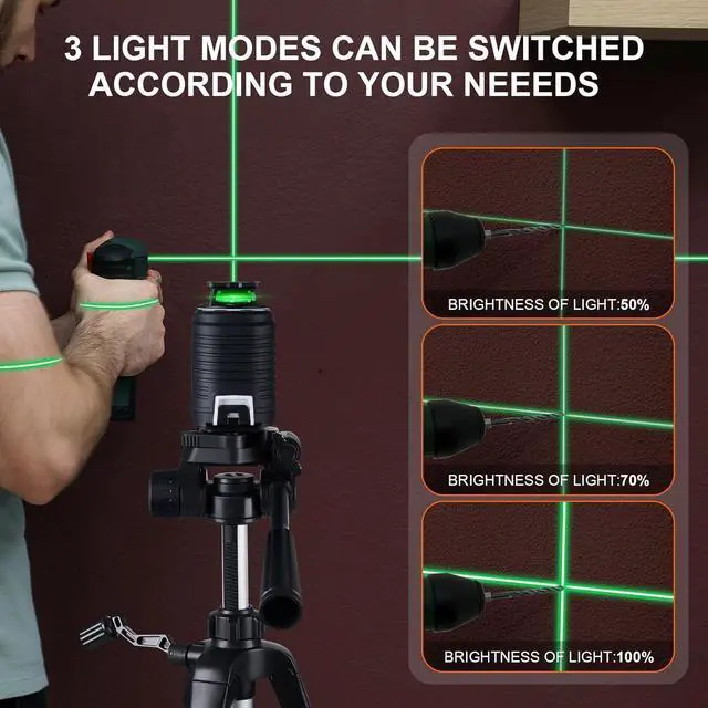 Alt view image 6 of 7 - 360° Laser Level with Tripod, Green Self Leveling Cross Line Laser Tool with 3 Brightness Adjustment Pulse Mode for Floor Tile Wall Construction, L-Bracket, Batteries &Carry Pouch Included
