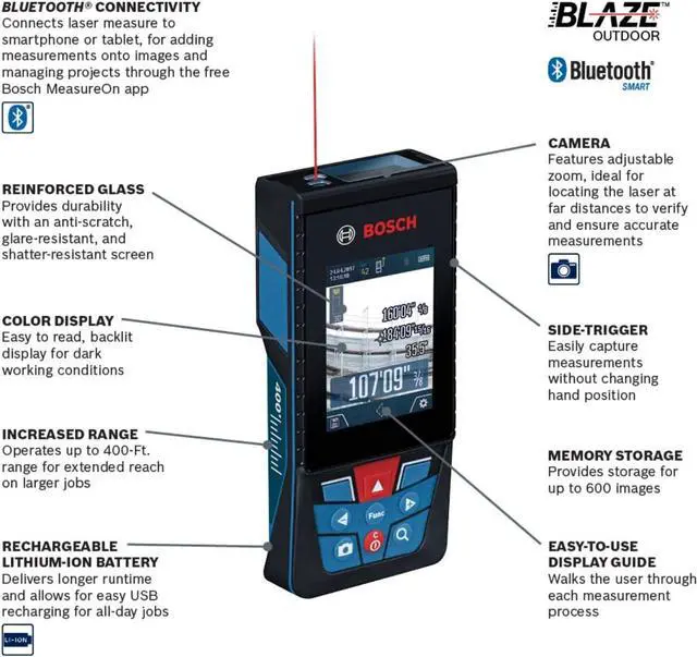 Alt view image 2 of 7 - GLM400CL 400 Ft BLAZE Outdoor Connected Laser Measure, Includes 1.0 Ah 3.7V Lithium-Ion Battery &Charger, Micro USB Cable, Hand Strap, &Pouch