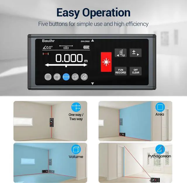 Alt view image 7 of 7 - Laser Measurement Tool, Bauihr 393ft/120M Rechargeable Aluminum Dual Laser Distance Meter, Laser Measure with Color Backlit LCD Display, Digital Angle, M/in/Ft Unit Switching