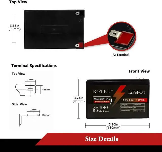 Alt view image 2 of 7 - 12V 20Ah Lithium LiFePO4 Deep Cycle Battery, 3000+ Cycle Rechargeable Lithium Iron Phosphate Battery for Solar, Fish Finder, Marine, Outdoor Camping, Off-Grid Applications with 20A BMS