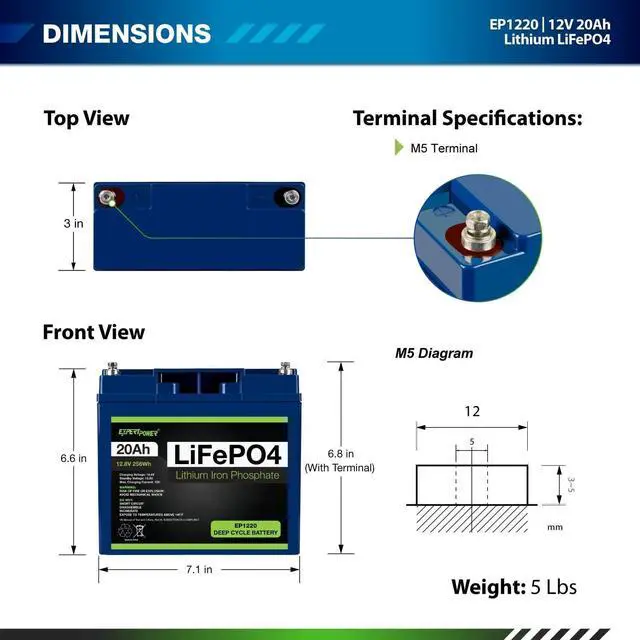 Alt view image 5 of 7 - 12V 20Ah Lithium LiFePO4 Deep Cycle Rechargeable Battery | 2500-7000 Life Cycles & 10-Year lifetime | Built-in BMS | Perfect for RV, Solar, Marine, Overland, Off-Grid Applications