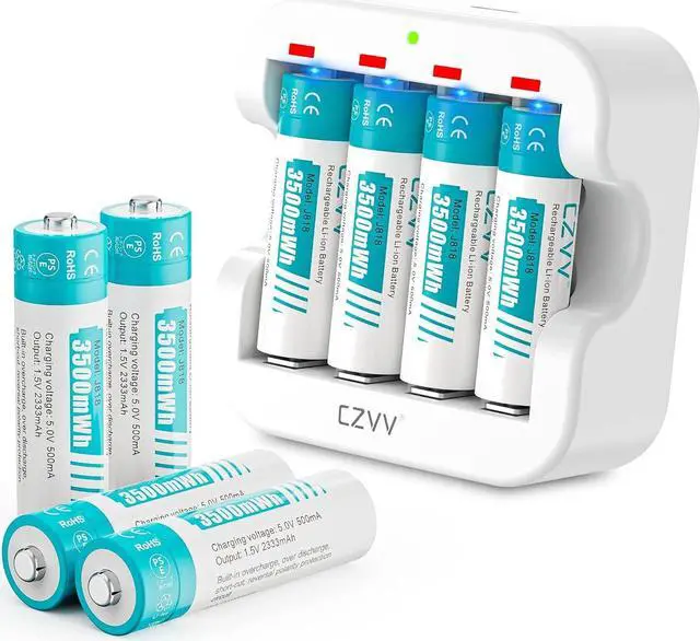 Main image of Rechargeable AA Lithium Batteries - Pre-Recharged 8 Pack with 2H Fast Charger for Household Devices, Long-Lasting High-Capacity 3500mWh, Cycle Times up to 1300x, Constant 1.5V for Security Camera
