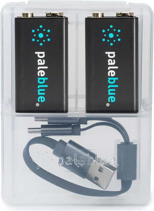 Main image of Paleblue USB Rechargeable 9V Batteries (2-Pack) - 4500mWh Lithium Ion, 1000+ Charge Cycles, Includes 2-in-1 USB-A to USB-C Charging Cable, LED Charge Indicator, 3.4 Hour Charge Time