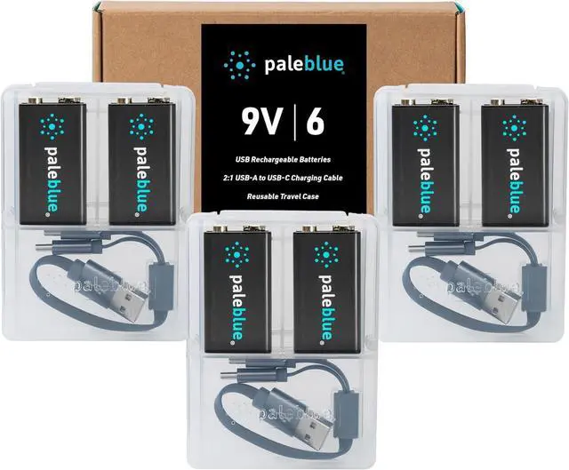 Main image of USB Rechargeable 9V Batteries (6-Pack) - 4500mWh Lithium Ion, 1000+ Charge Cycles, Includes (3) 2-in-1 USB-A to USB-C Charging Cables, LED Charge Indicator, 3.4 Hour Charge Time