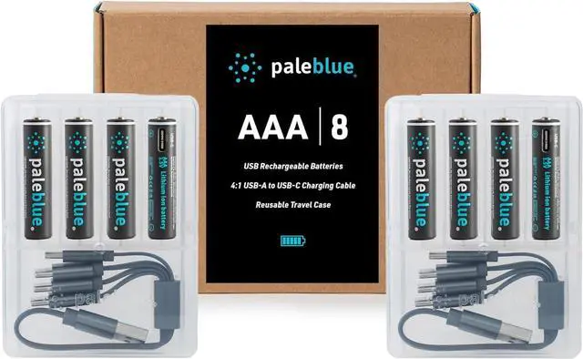 Main image of USB Rechargeable AAA Batteries by Pale Blue, Lithium Ion 1.5v 600 mAh, Charges Under 1 Hour, Over 1000 Cycles, 4-in-1 USB-A to USB-C Charging Cable, LED Charge Indicator, 12-Pack