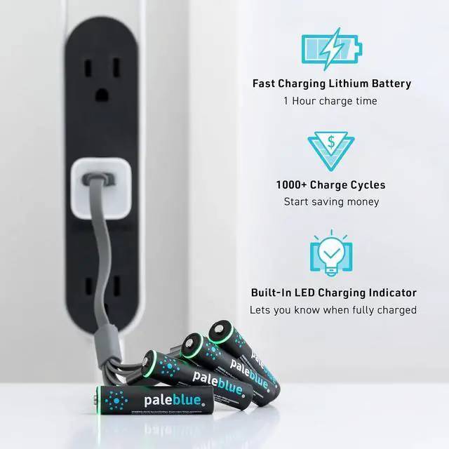 Alt view image 2 of 6 - USB Rechargeable AAA Batteries by Pale Blue, Lithium Ion 1.5v 600 mAh, Charges Under 1 Hour, Over 1000 Cycles, 4-in-1 USB-A to USB-C Charging Cable, LED Charge Indicator, 12-Pack