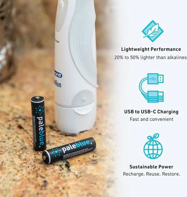 Alt view image 3 of 6 - USB Rechargeable AAA Batteries by Pale Blue, Lithium Ion 1.5v 600 mAh, Charges Under 1 Hour, Over 1000 Cycles, 4-in-1 USB-A to USB-C Charging Cable, LED Charge Indicator, 12-Pack
