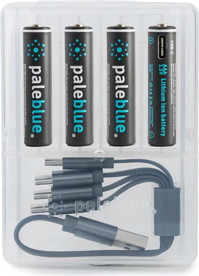 Alt view image 6 of 6 - USB Rechargeable AAA Batteries by Pale Blue, Lithium Ion 1.5v 600 mAh, Charges Under 1 Hour, Over 1000 Cycles, 4-in-1 USB-A to USB-C Charging Cable, LED Charge Indicator, 12-Pack