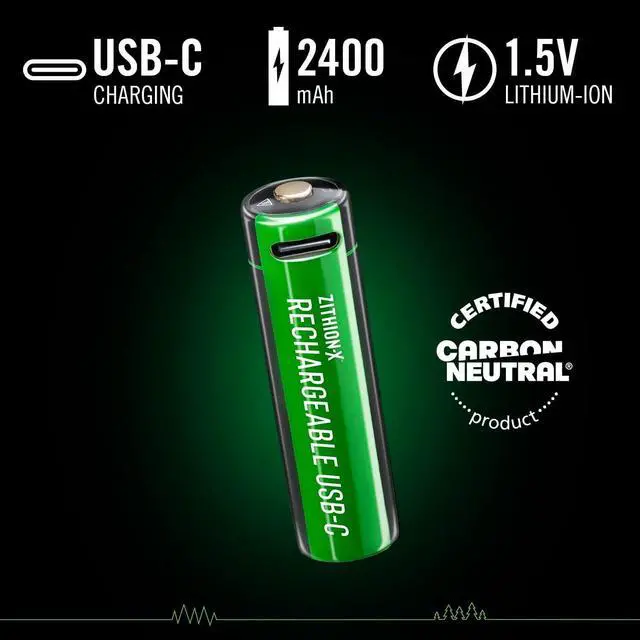 Alt view image 2 of 7 - AA USB-C Rechargeable Batteries, ZITHION-X, Lithium Ion 1.5v 2400 mAh, Long Lasting, Charges Under 2.5 Hours, Charging Cable Included, 8-Battery Pack