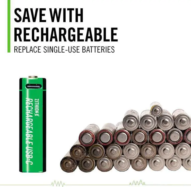 Alt view image 3 of 7 - AA USB-C Rechargeable Batteries, ZITHION-X, Lithium Ion 1.5v 2400 mAh, Long Lasting, Charges Under 2.5 Hours, Charging Cable Included, 8-Battery Pack